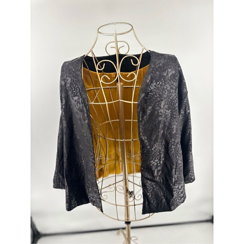Marla Wynne Jacquard Open Front Jacket Size Medium Black Gold Lined